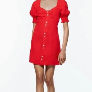 Zara Red Puff Sleeve Button Down Linen Dress